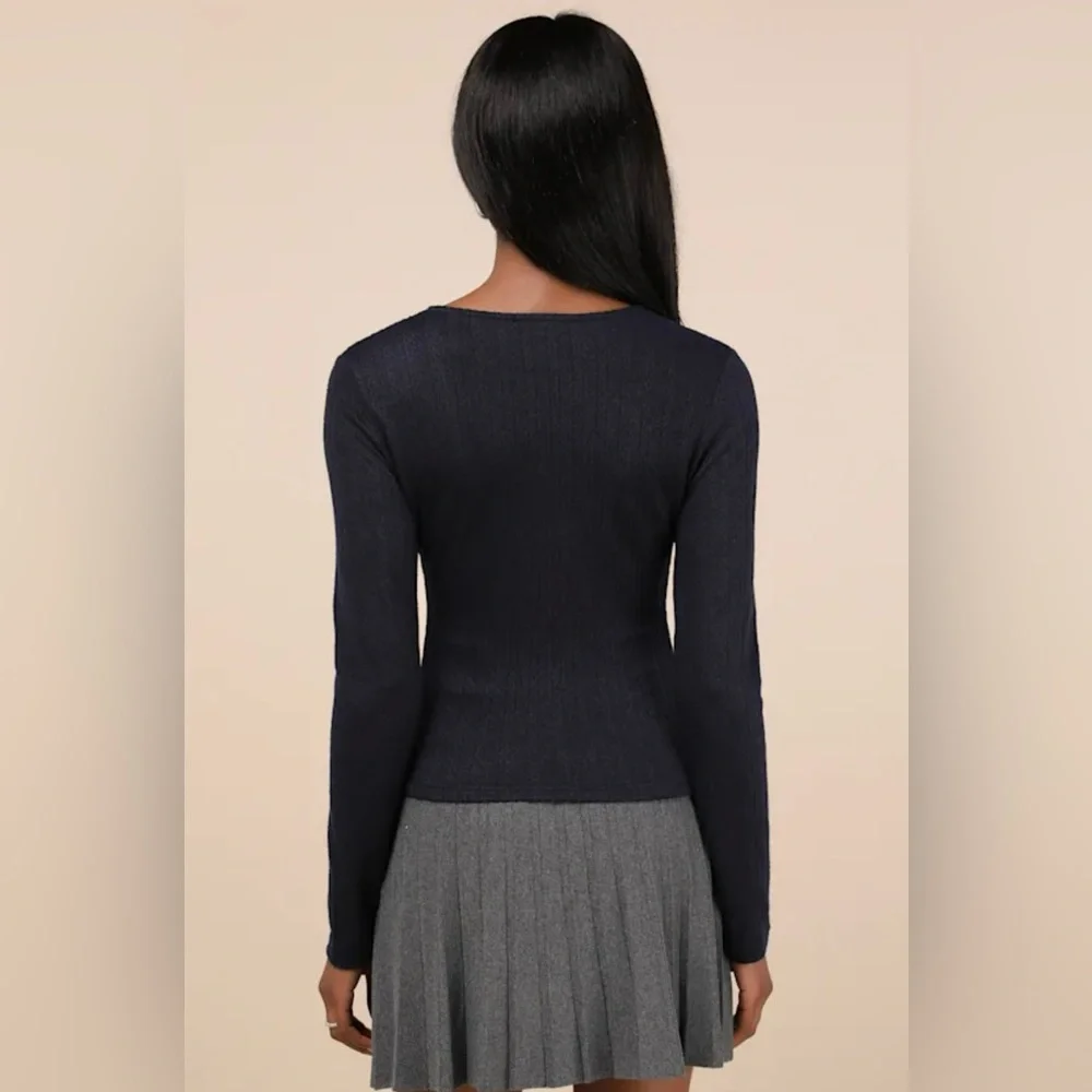 Lulus Navy Pointelle Scoop Neck Long Sleeve Top. Size Medium. - Picture 3 of 7
